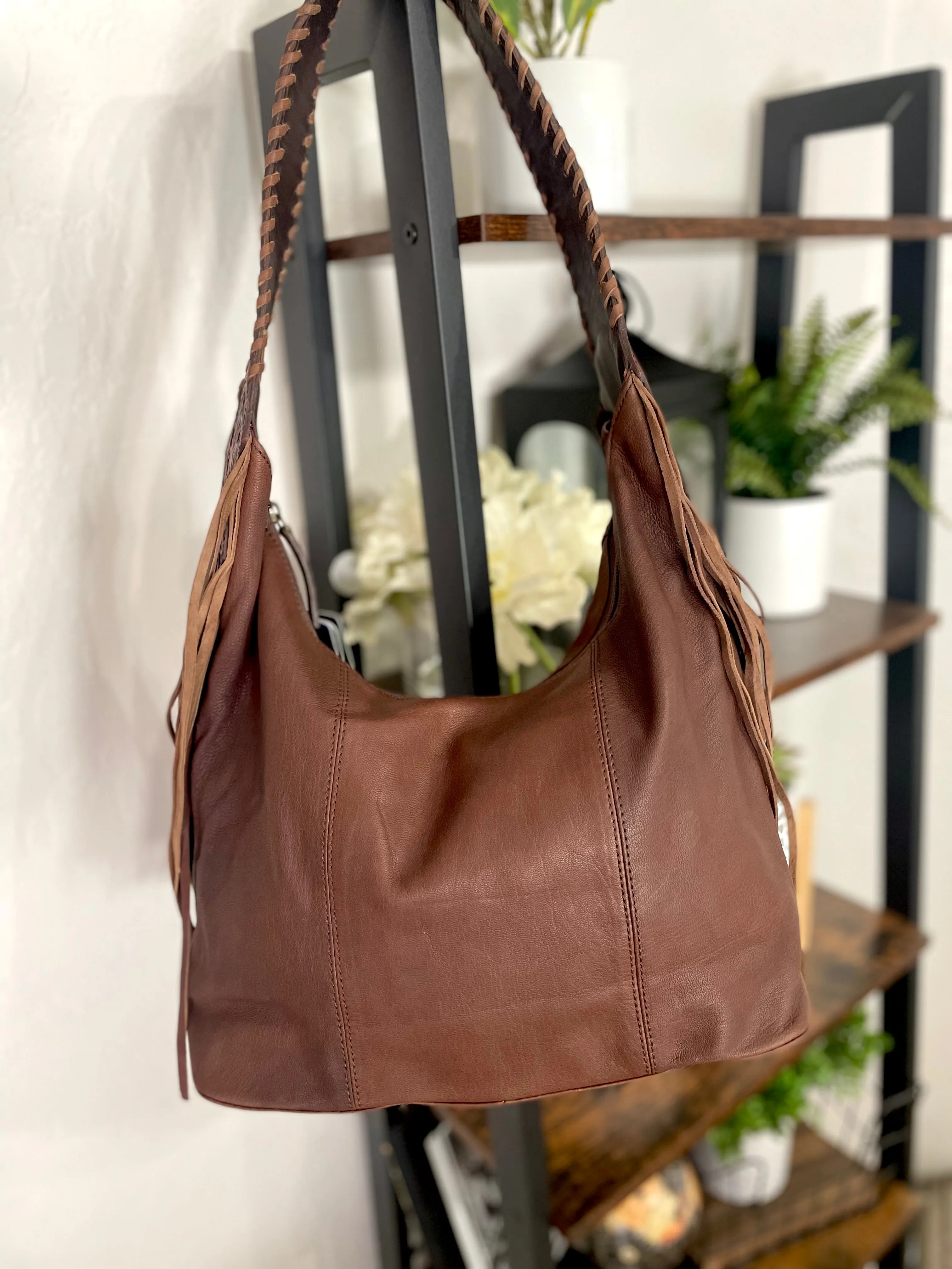 Dark Distressed Leather Hobo Fringe Tooled Handbag