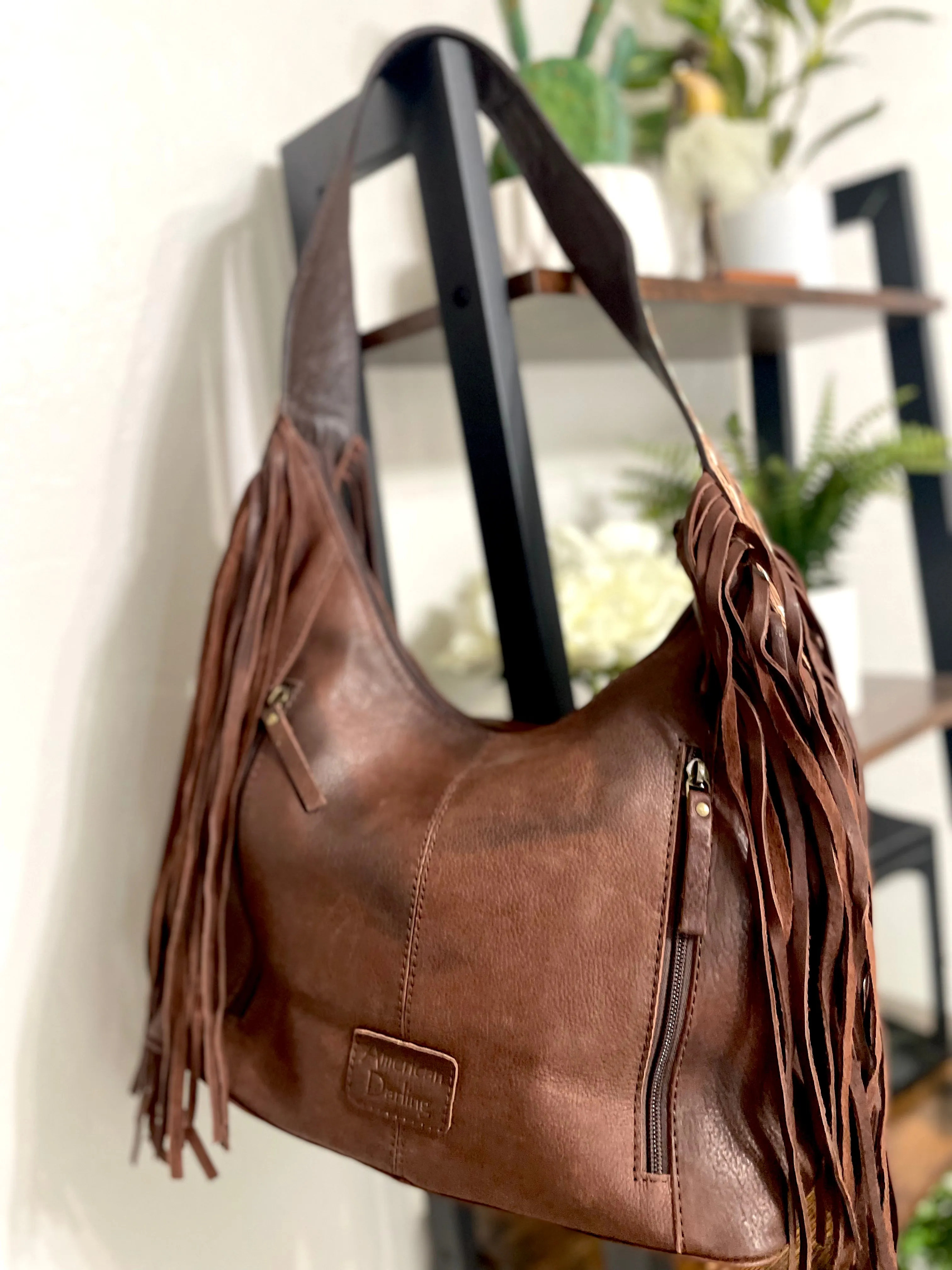Dark Distressed Leather Hobo Fringe Tooled Handbag
