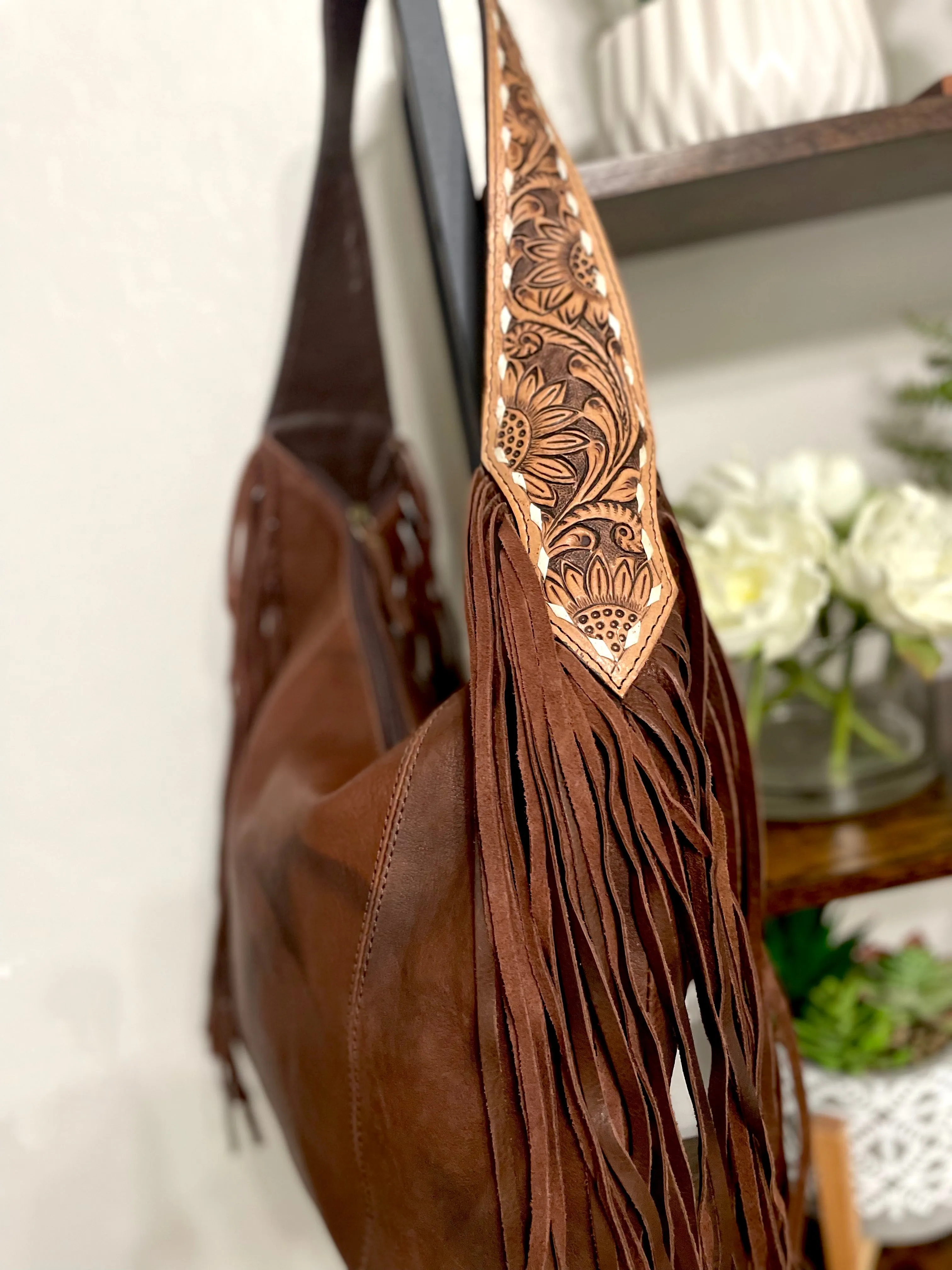Dark Distressed Leather Hobo Fringe Tooled Handbag