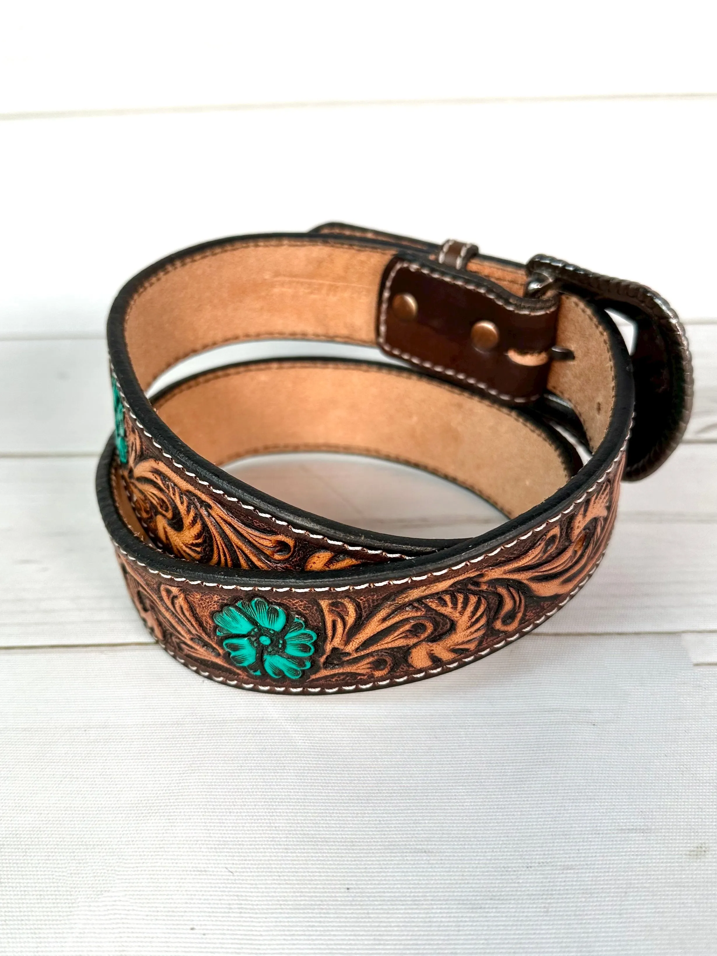 Dark Floral Tooled Turquoise Floral Western Belt