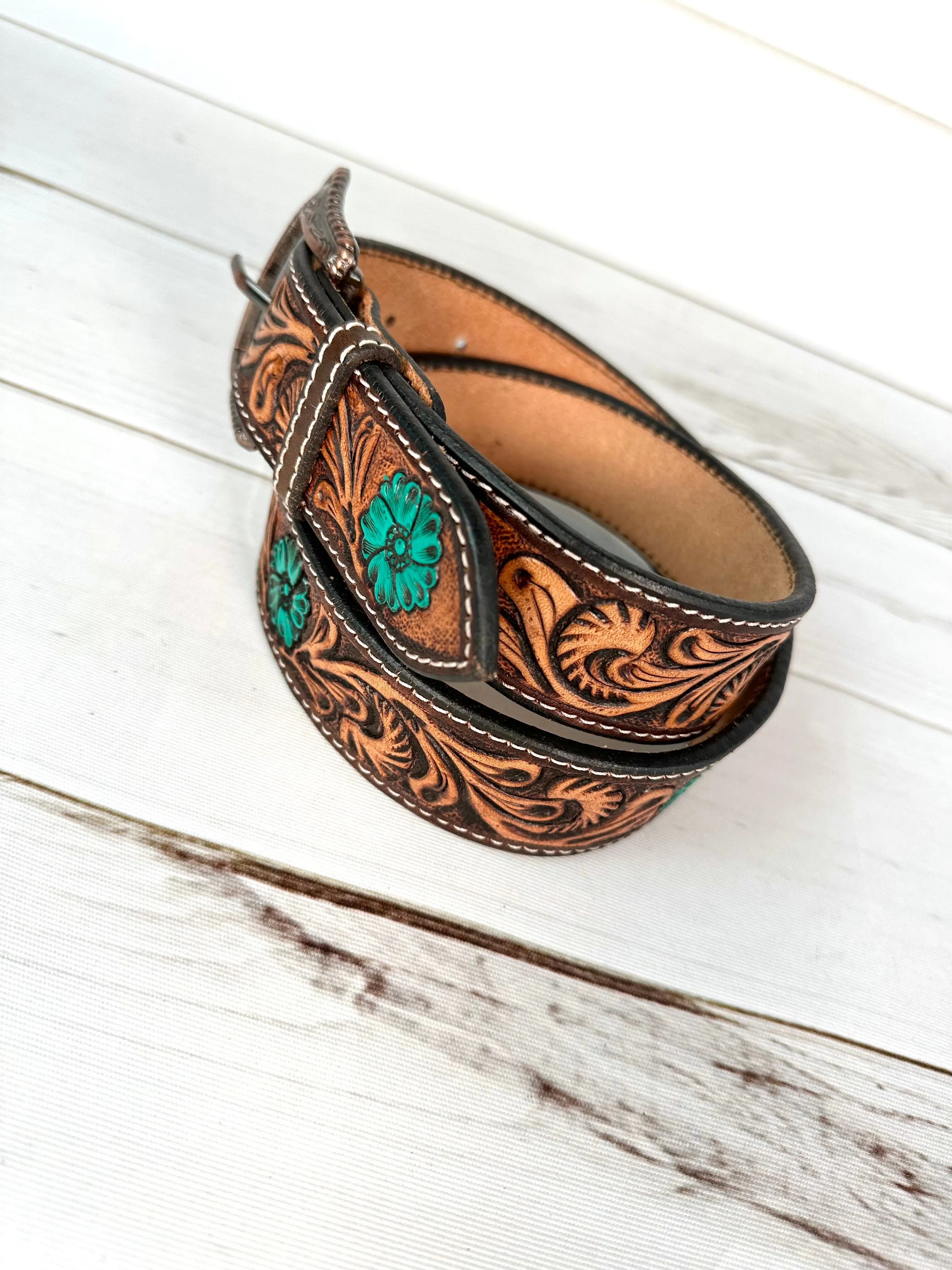 Dark Floral Tooled Turquoise Floral Western Belt