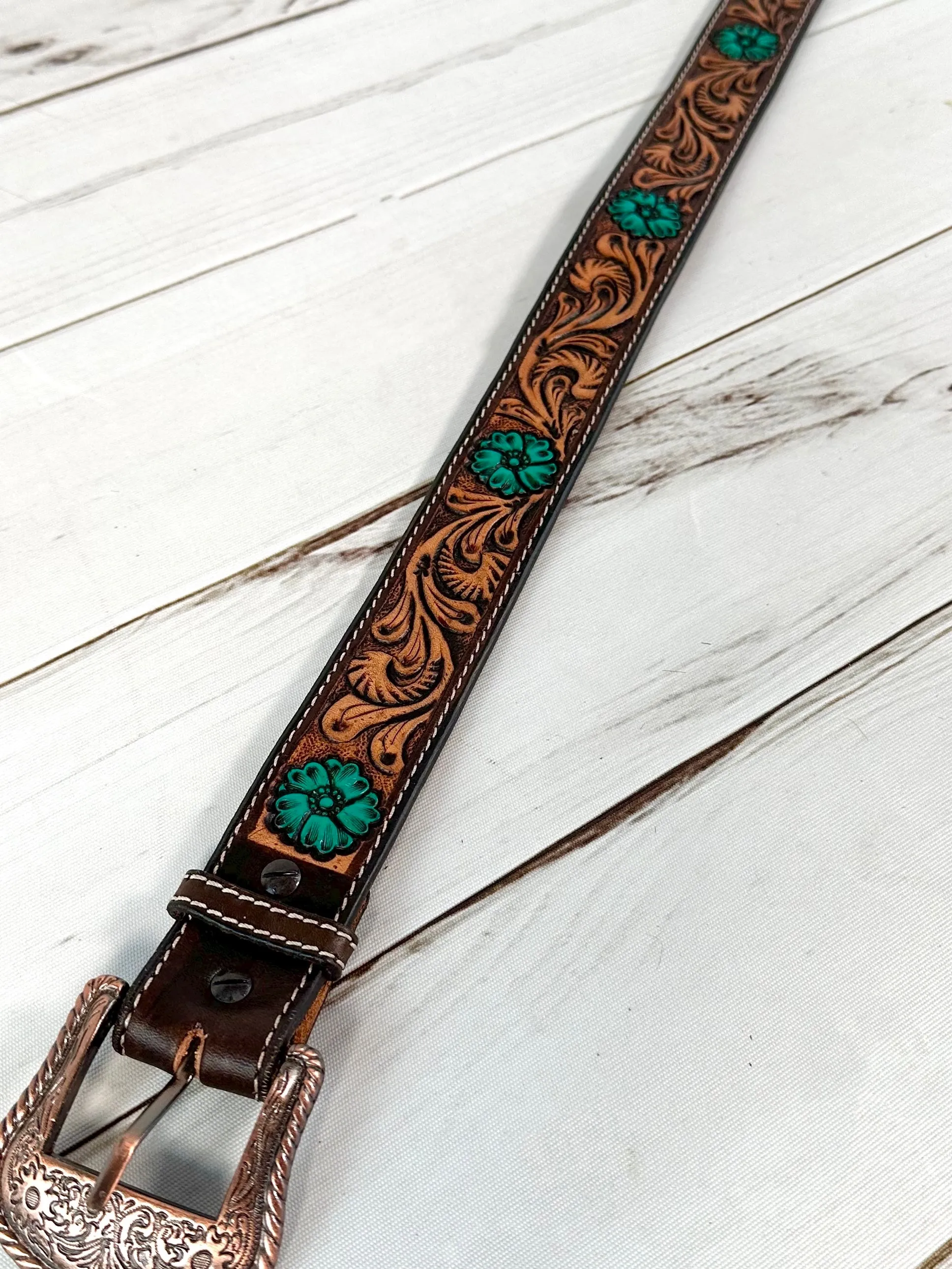 Dark Floral Tooled Turquoise Floral Western Belt