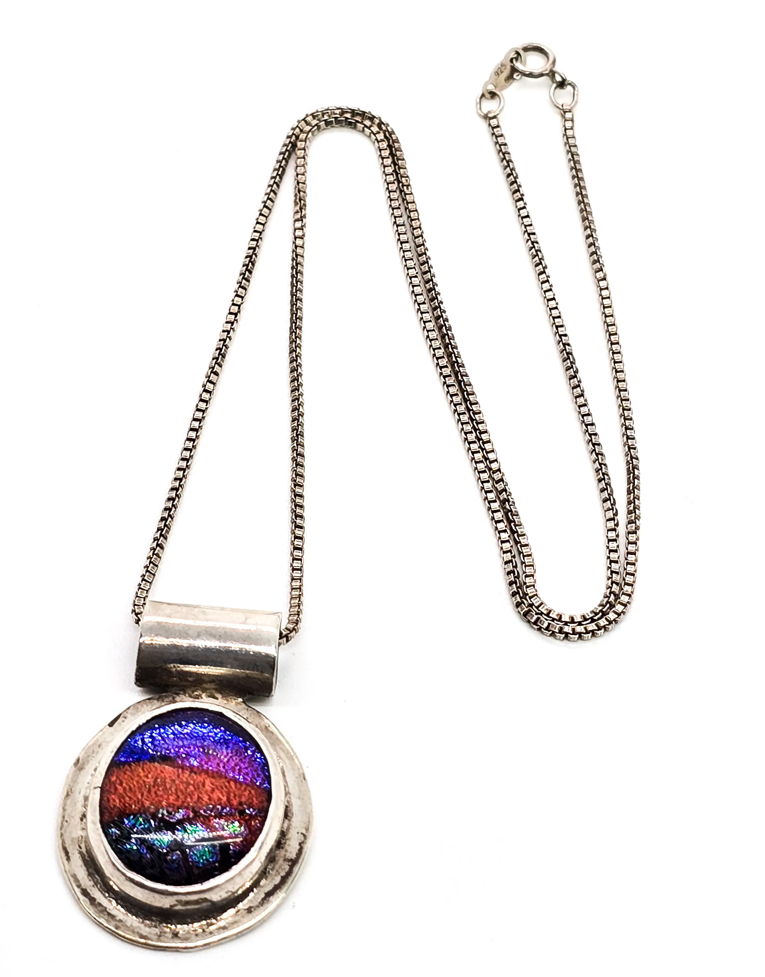 Dichroic glass fused handcrafted rainbow sterling silver vintage necklace