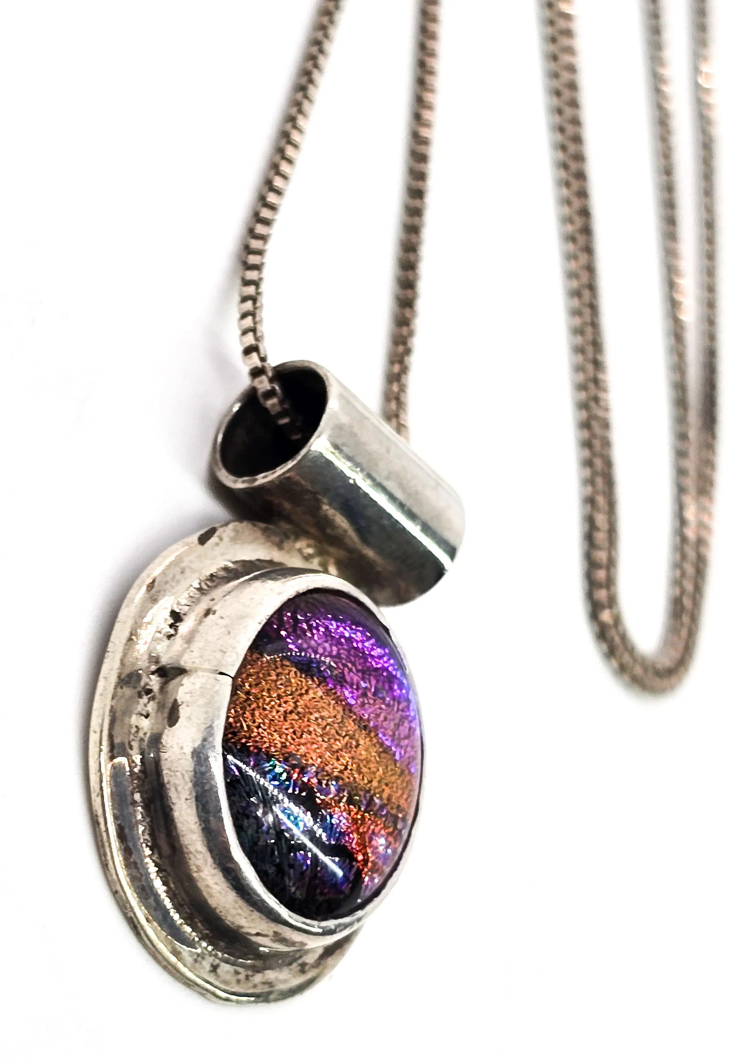 Dichroic glass fused handcrafted rainbow sterling silver vintage necklace