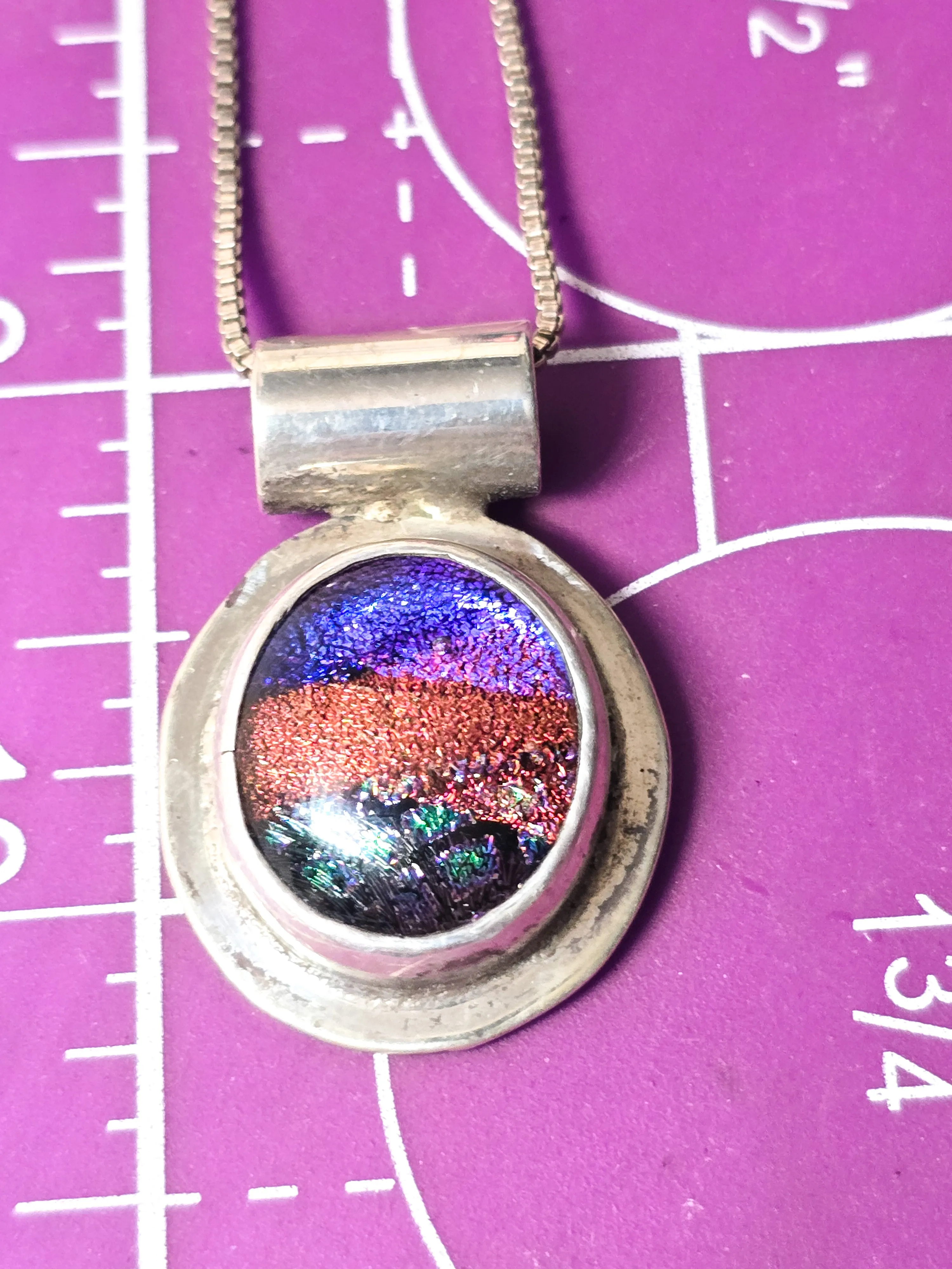 Dichroic glass fused handcrafted rainbow sterling silver vintage necklace