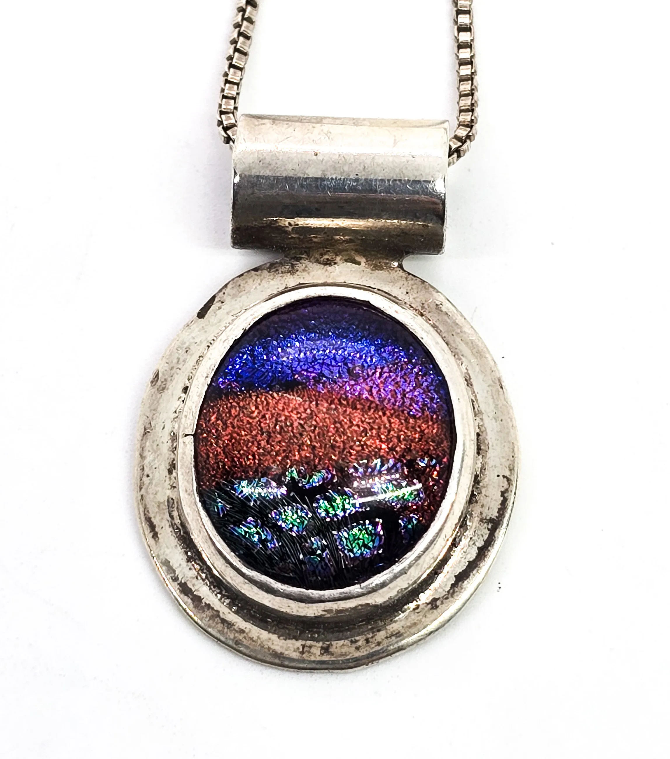 Dichroic glass fused handcrafted rainbow sterling silver vintage necklace