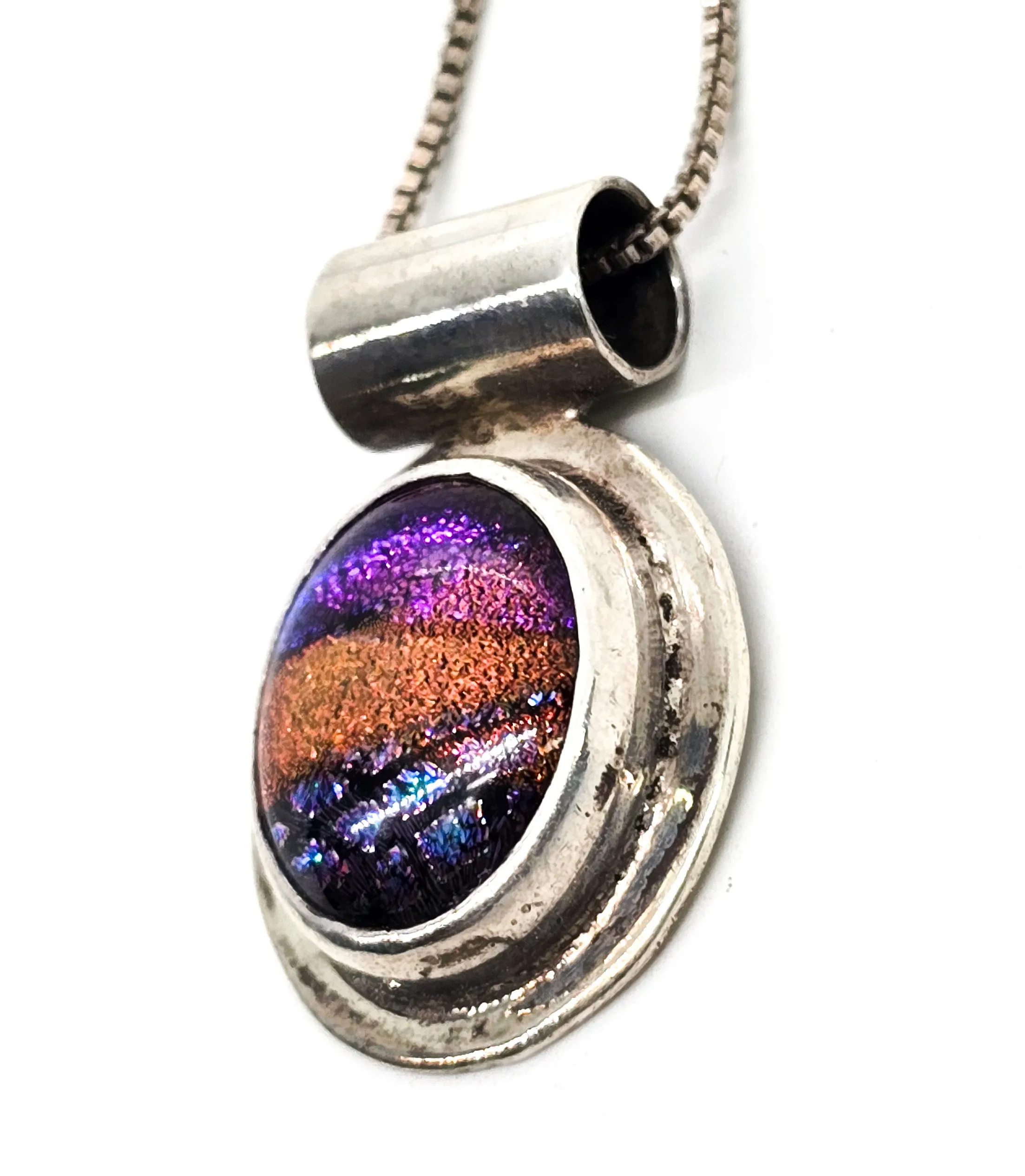 Dichroic glass fused handcrafted rainbow sterling silver vintage necklace