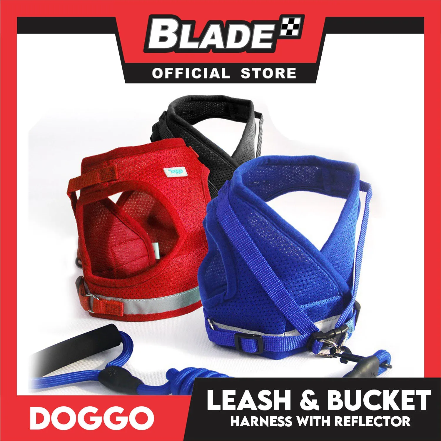 Doggo Leash and Bucket Harness with Reflector Large (Blue) Perfect Set for Your Dog