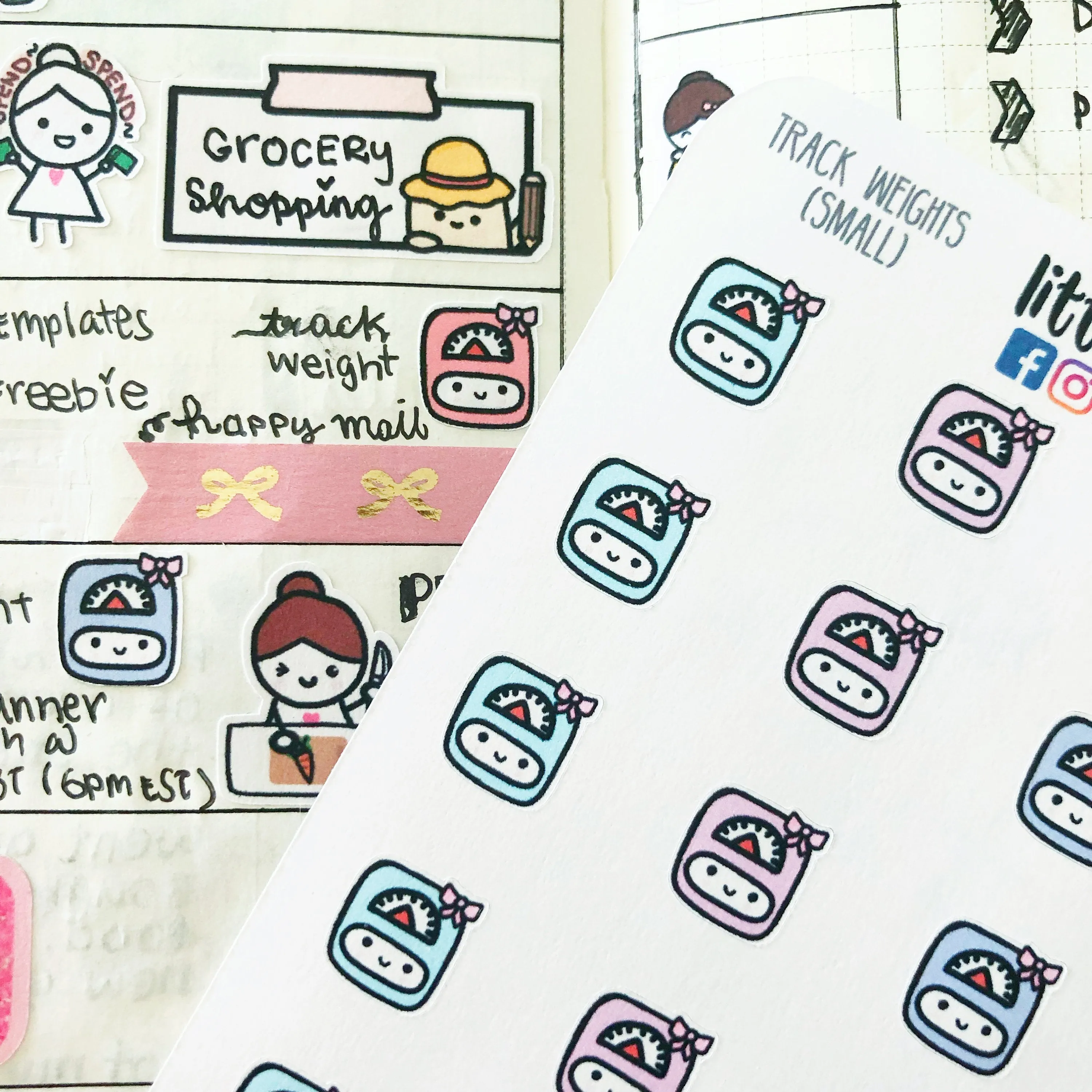 Doodle Small Cute Kawaii Pastel Weight Scale Reminder Tracker Planner Stickers