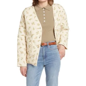 Elodie Jacket Medium Womens Ecru Floral Quilted Vneck Patch Pockets