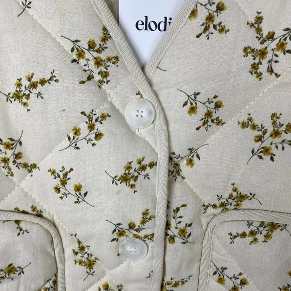 Elodie Jacket Medium Womens Ecru Floral Quilted Vneck Patch Pockets