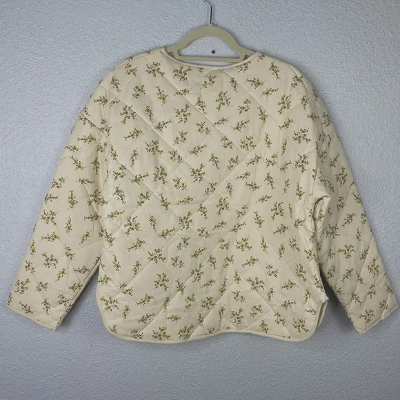 Elodie Jacket Medium Womens Ecru Floral Quilted Vneck Patch Pockets
