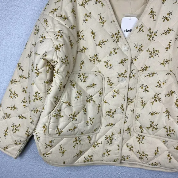 Elodie Jacket Medium Womens Ecru Floral Quilted Vneck Patch Pockets
