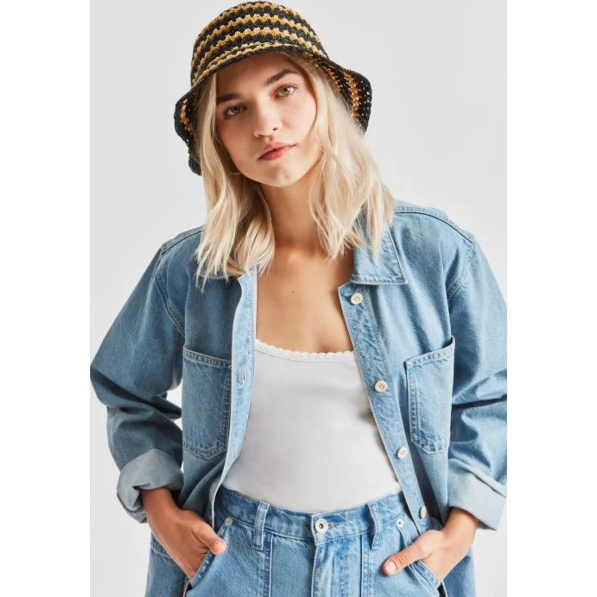 Essex Raffia Bucket Hat - Black/White/Sunset