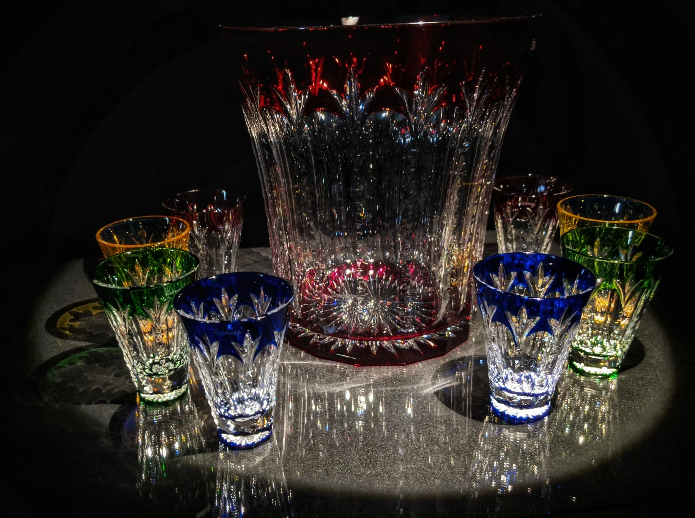 Faberge Crystal Ice Bucket with shot glasses
