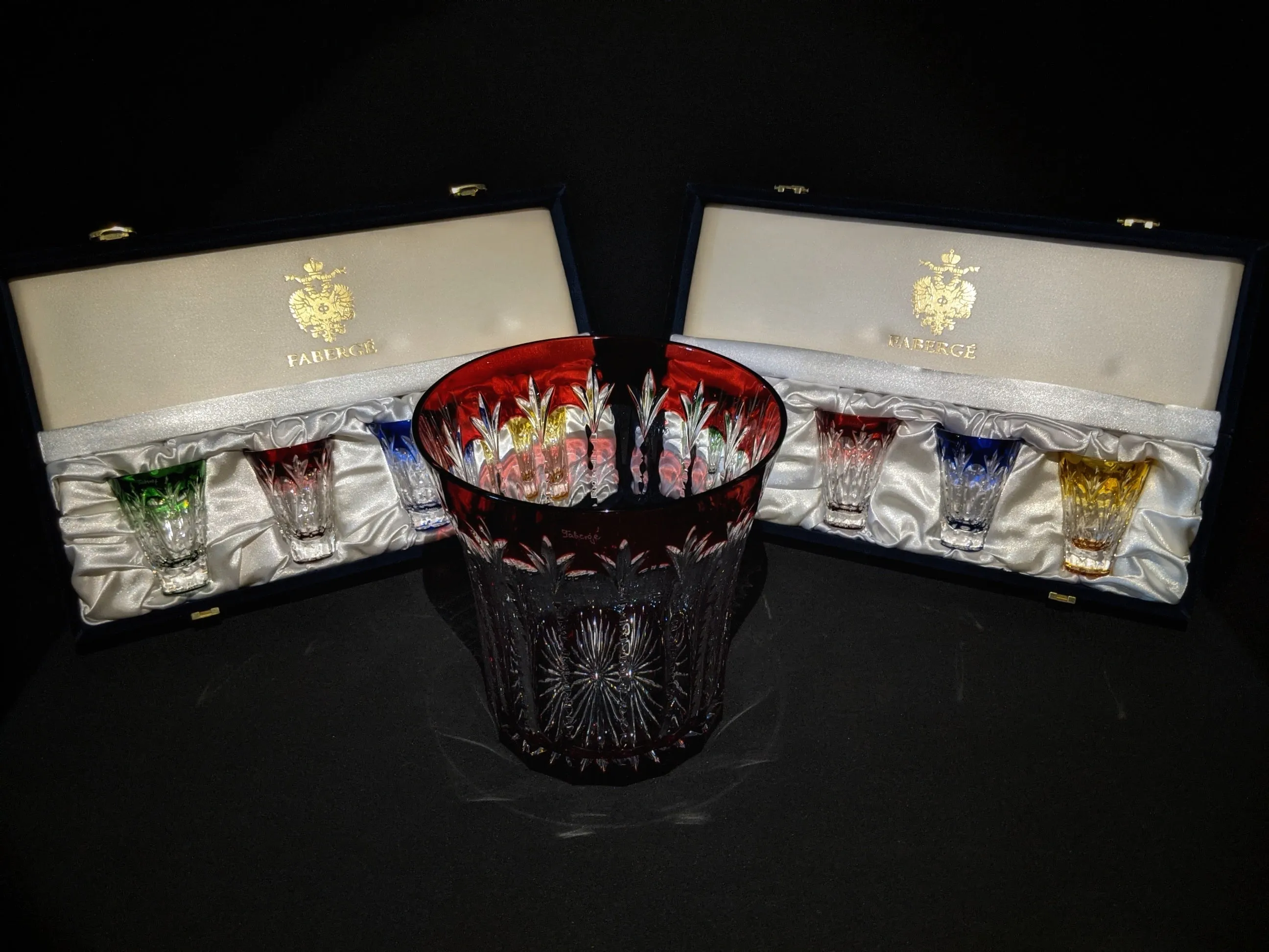 Faberge Crystal Ice Bucket with shot glasses