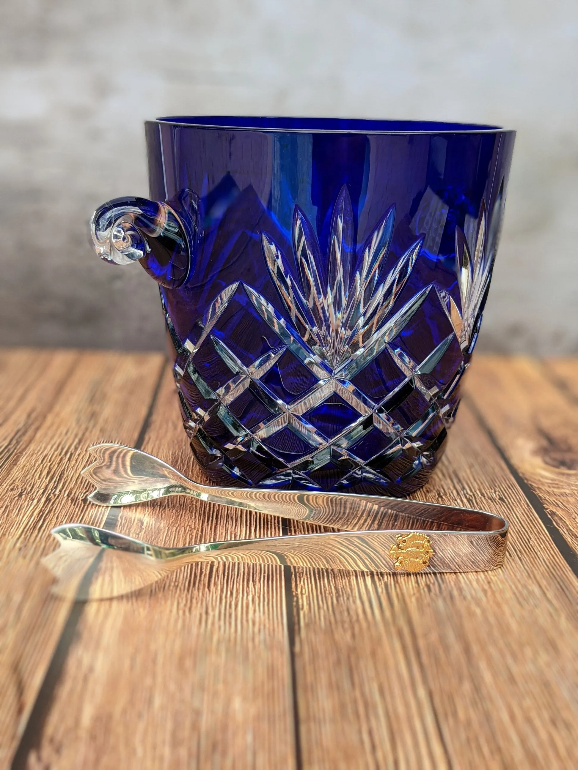 FABERGE ODESSA COBALT BLUE CASED CUT TO CLEAR CRYSTAL ICE BUCKET