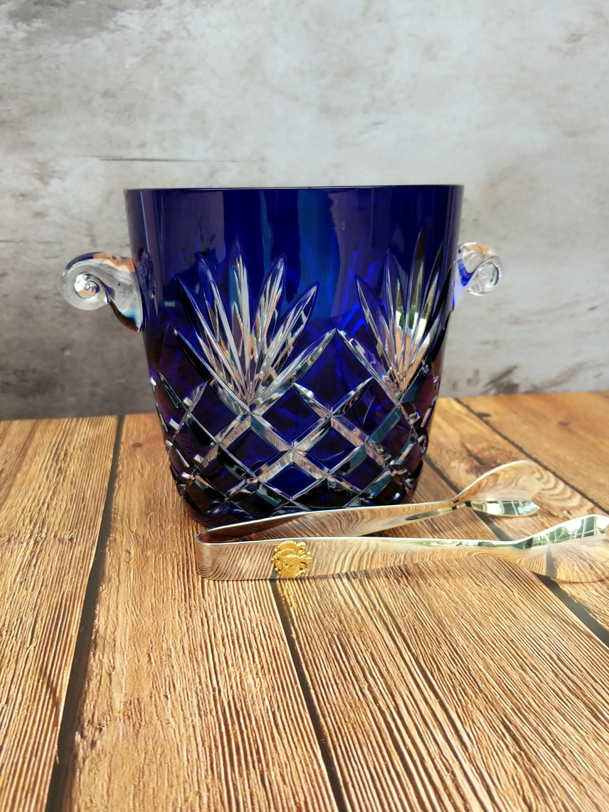FABERGE ODESSA COBALT BLUE CASED CUT TO CLEAR CRYSTAL ICE BUCKET