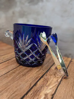 FABERGE ODESSA COBALT BLUE CASED CUT TO CLEAR CRYSTAL ICE BUCKET