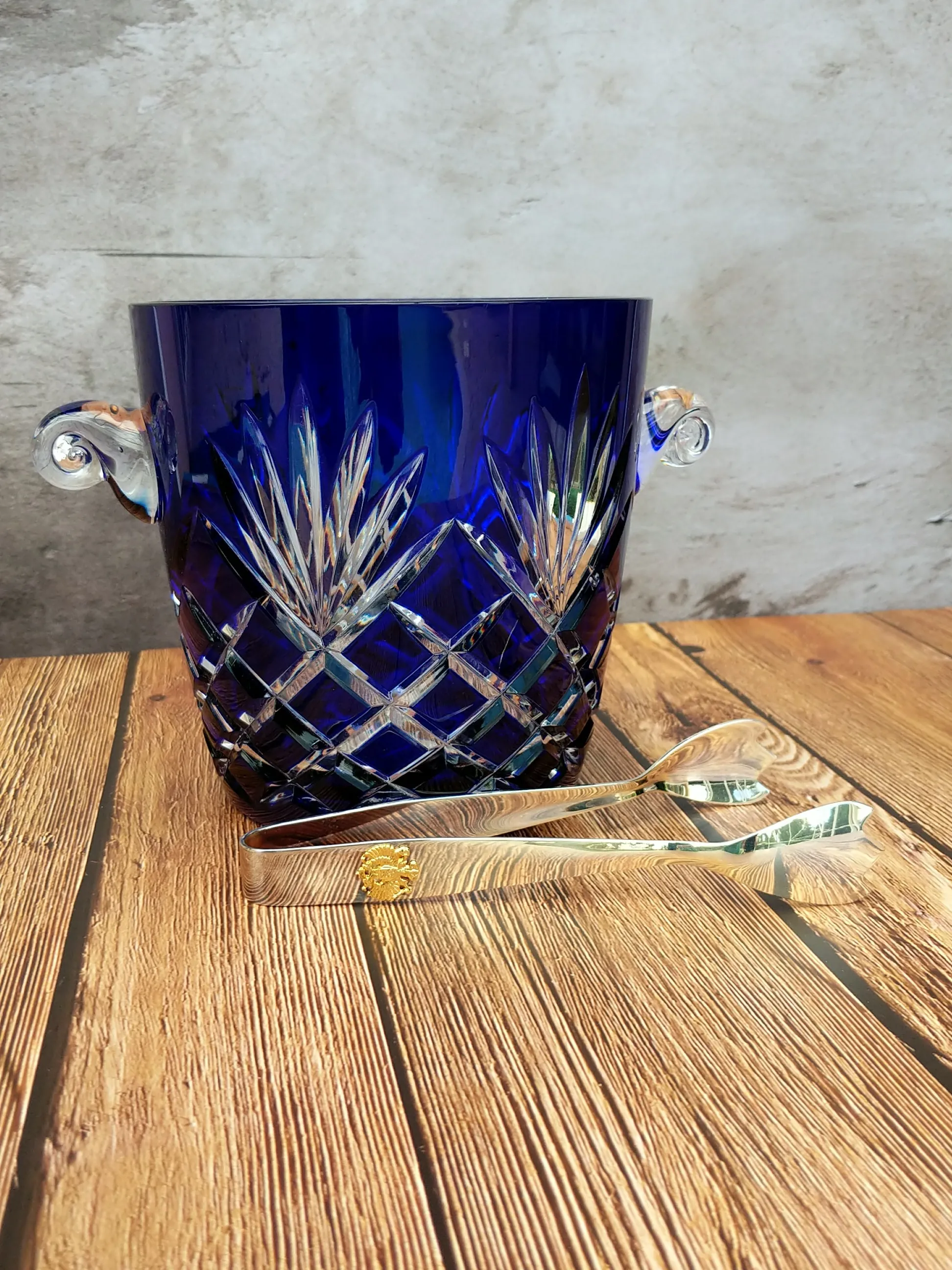 FABERGE ODESSA COBALT BLUE CASED CUT TO CLEAR CRYSTAL ICE BUCKET