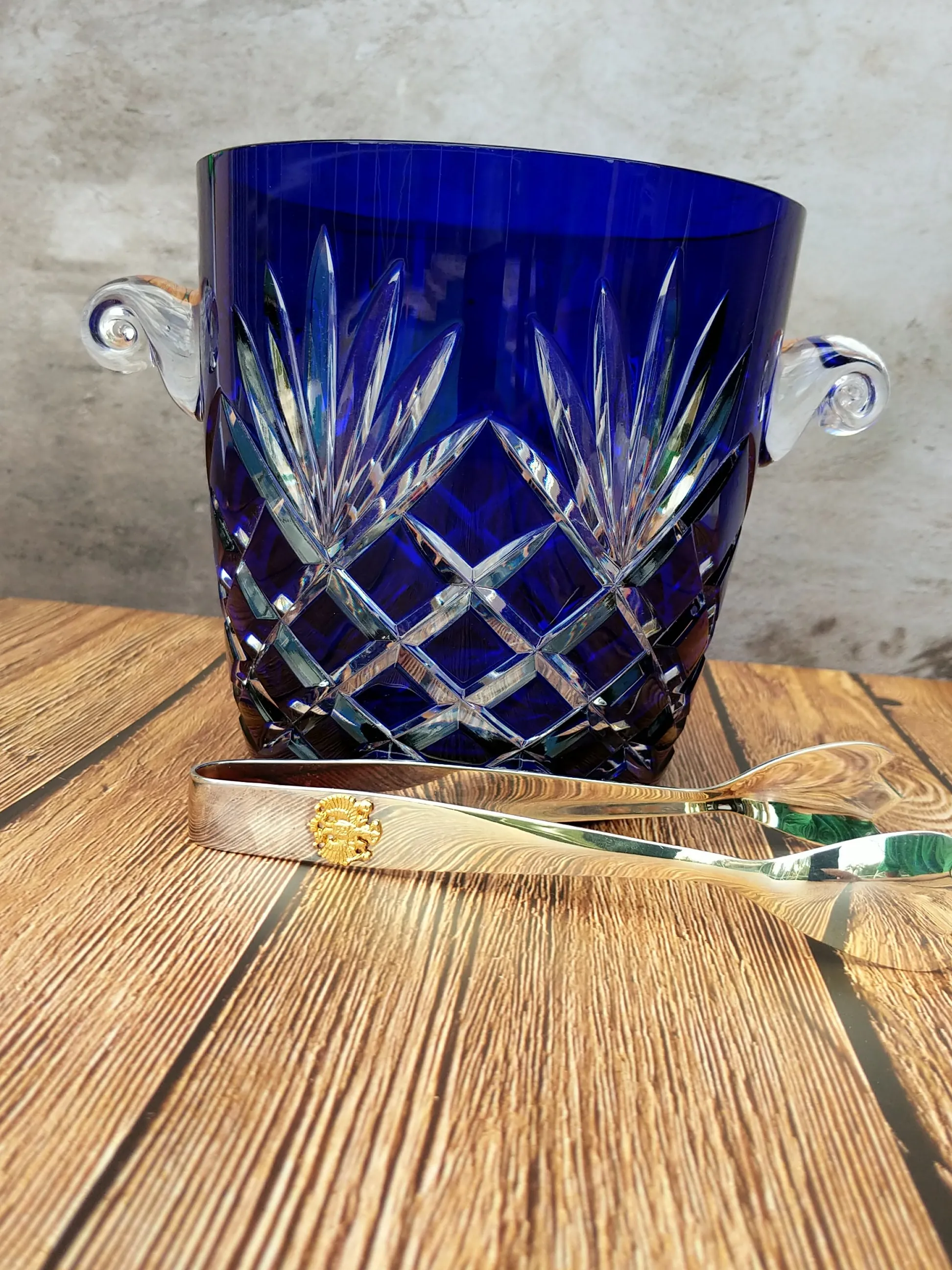 FABERGE ODESSA COBALT BLUE CASED CUT TO CLEAR CRYSTAL ICE BUCKET