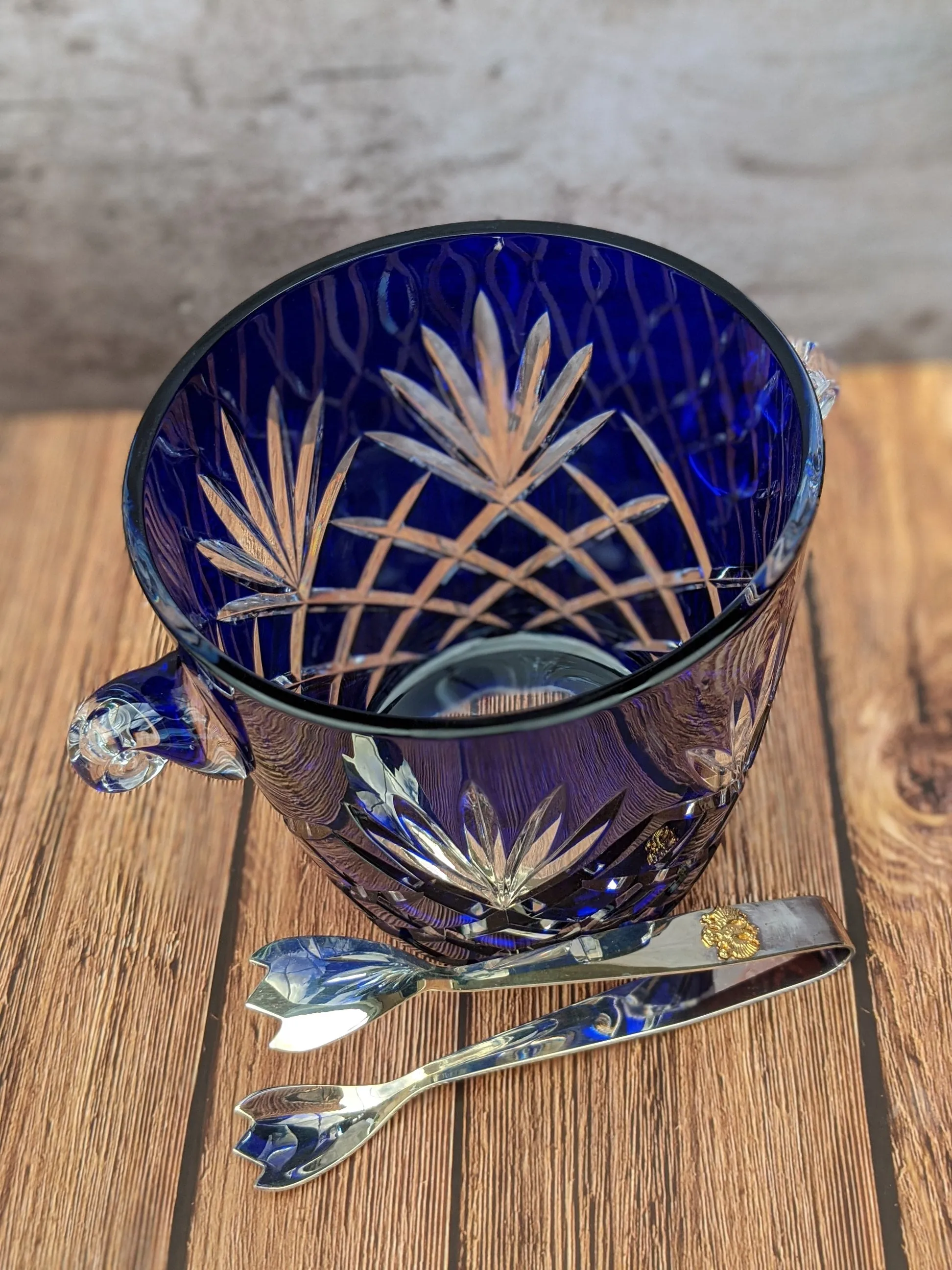 FABERGE ODESSA COBALT BLUE CASED CUT TO CLEAR CRYSTAL ICE BUCKET