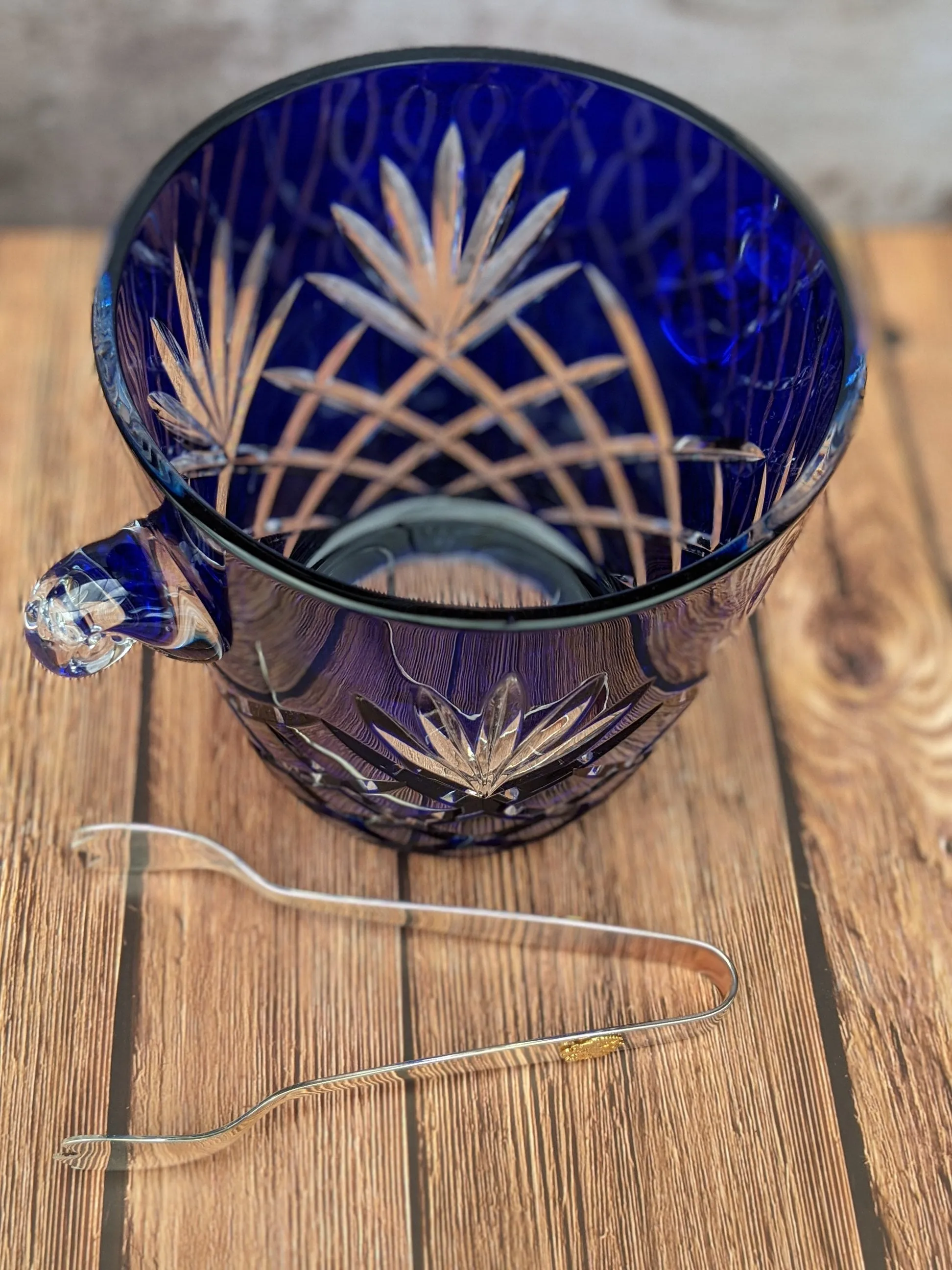 FABERGE ODESSA COBALT BLUE CASED CUT TO CLEAR CRYSTAL ICE BUCKET