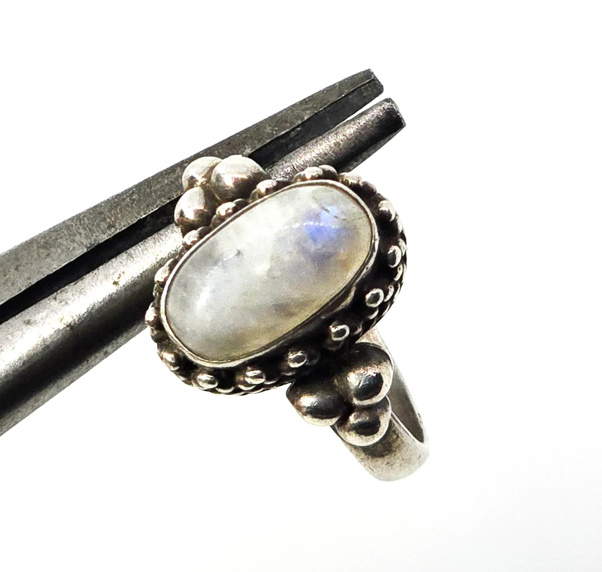 Flashy Blue Moonstone tribal Bali Balinese gemstone sterling silver ring size 6.5