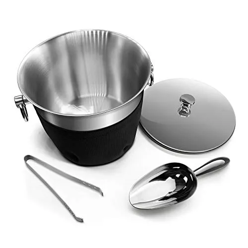 Fortune Candy Insulated Ice Bucket - Double Walled Stainless Steel Ice Bucket with Ice Tongs, Scoop, Lid, and Exclusive Handmade Nylon Holder - 3.3 L, Black