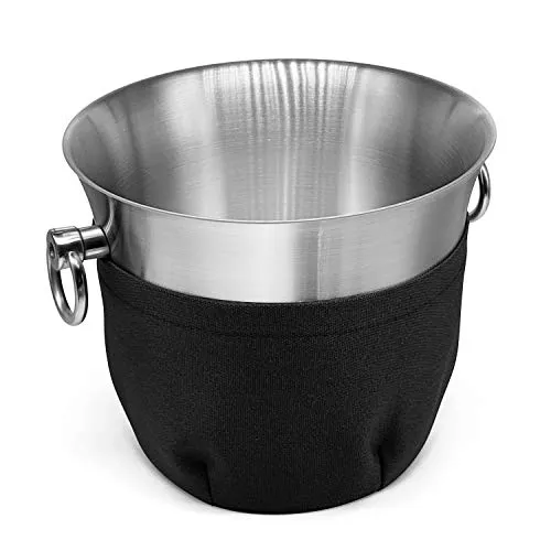 Fortune Candy Insulated Ice Bucket - Double Walled Stainless Steel Ice Bucket with Ice Tongs, Scoop, Lid, and Exclusive Handmade Nylon Holder - 3.3 L, Black