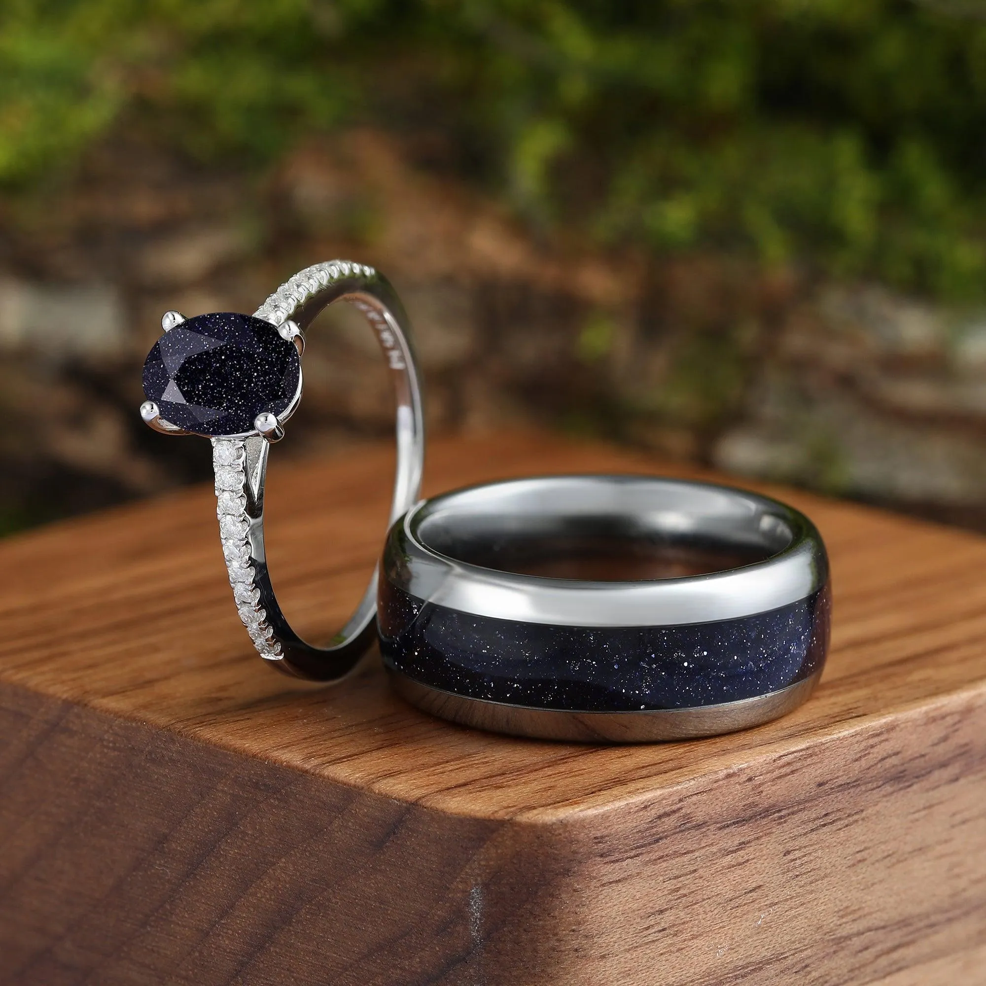 Galaxy Blue Sandstone His and Hers Couples Ring Set Great Rift Nebula Wedding Band Oval Cut 925 Sliver