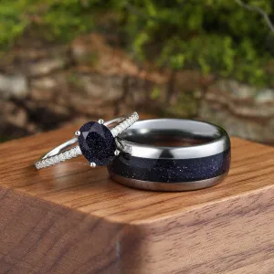Galaxy Blue Sandstone His and Hers Couples Ring Set Great Rift Nebula Wedding Band Oval Cut 925 Sliver