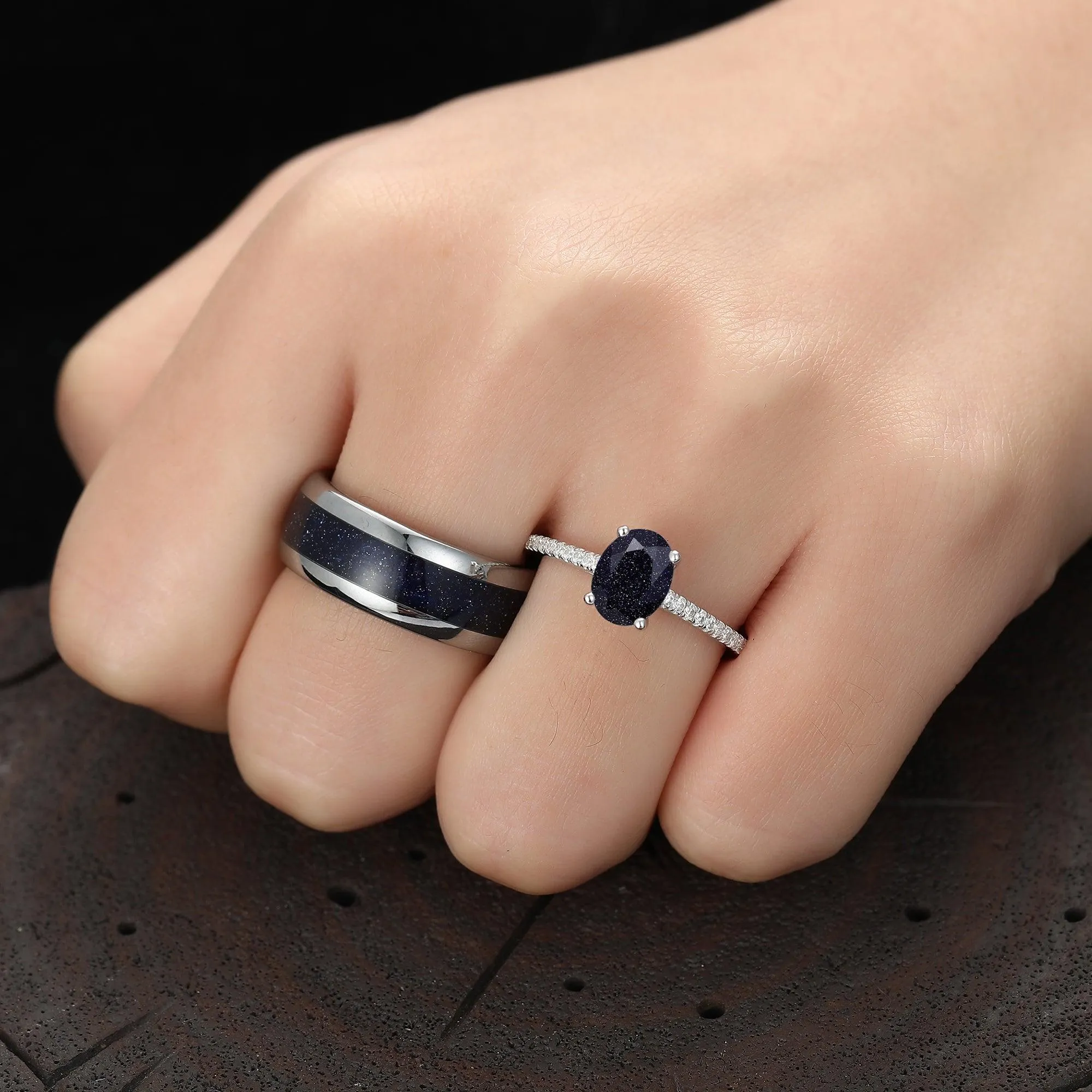 Galaxy Blue Sandstone His and Hers Couples Ring Set Great Rift Nebula Wedding Band Oval Cut 925 Sliver