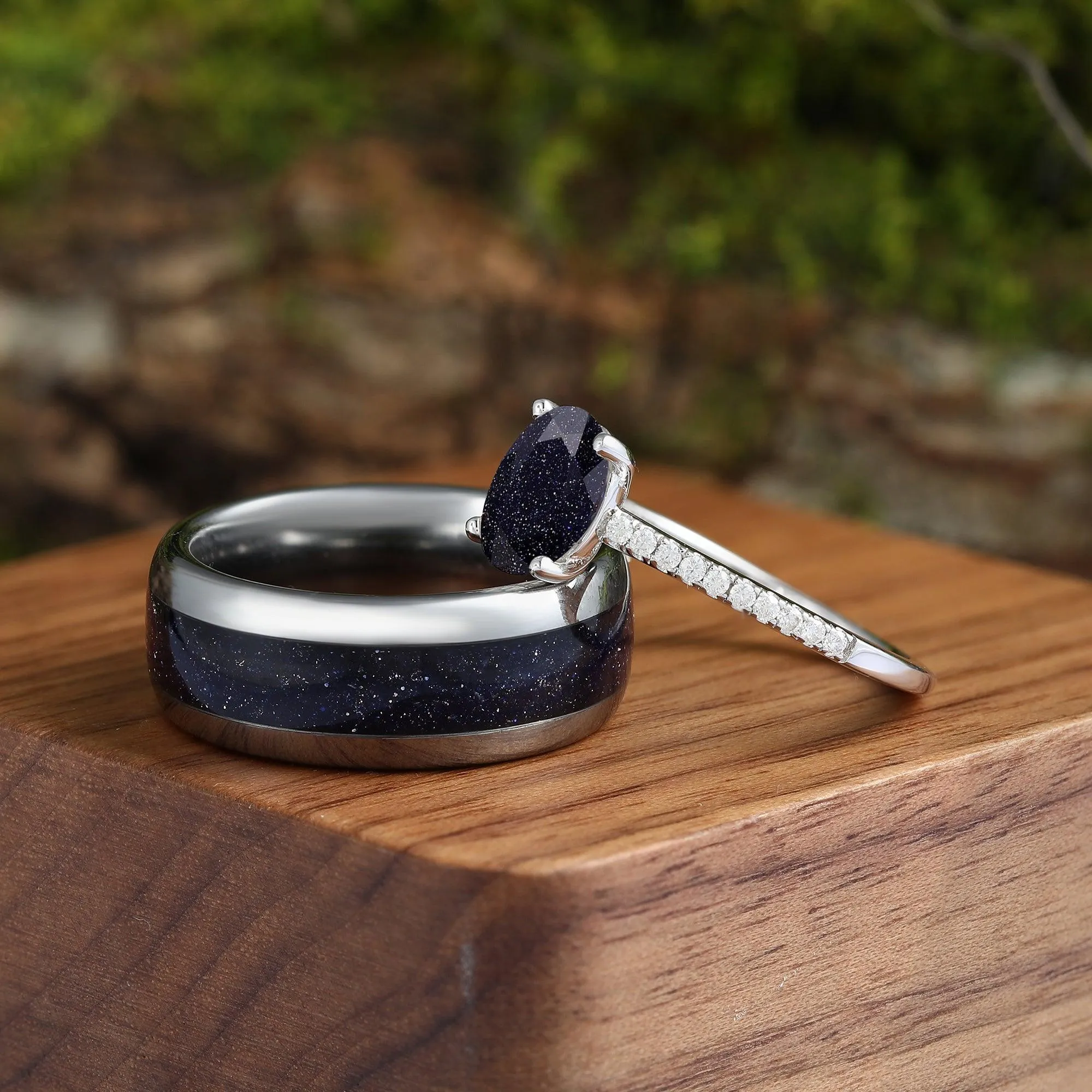 Galaxy Blue Sandstone His and Hers Couples Ring Set Great Rift Nebula Wedding Band Oval Cut 925 Sliver
