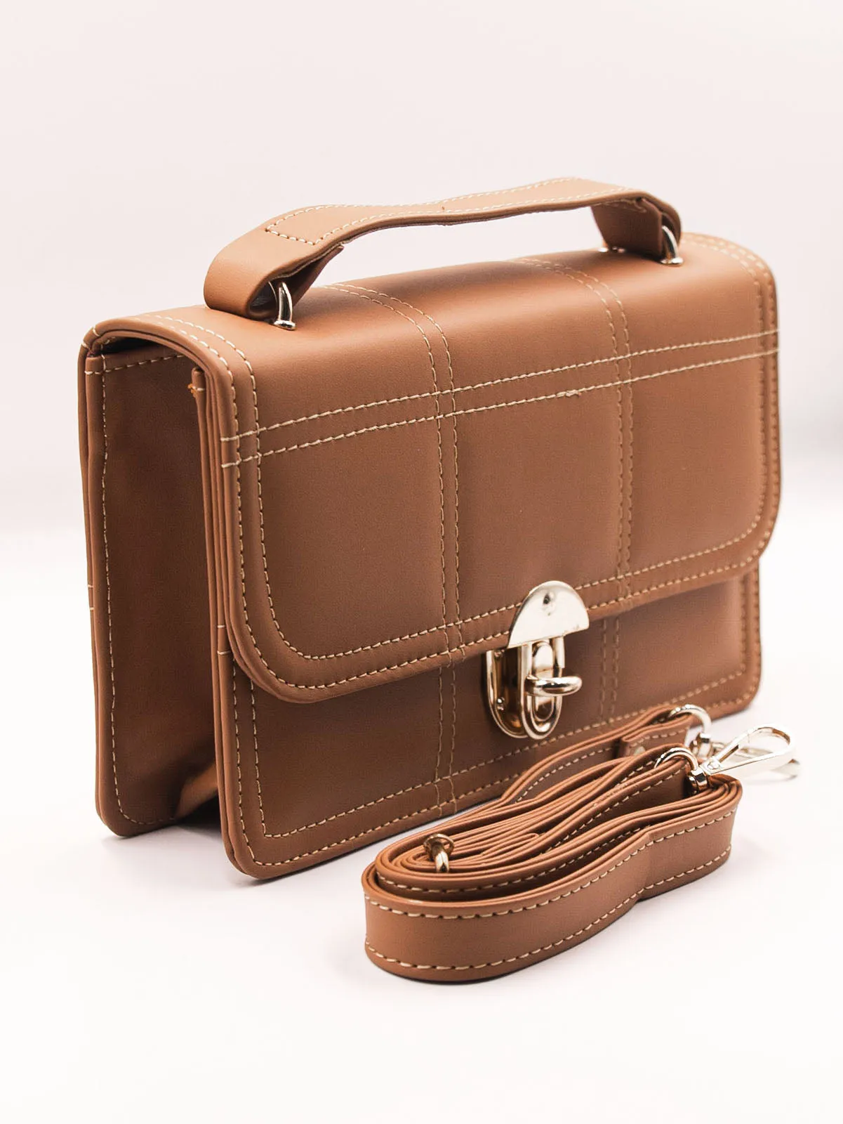 Geometric Quilted Twist Lock Satchel Bag With Strap - Brown - FD ⚡
