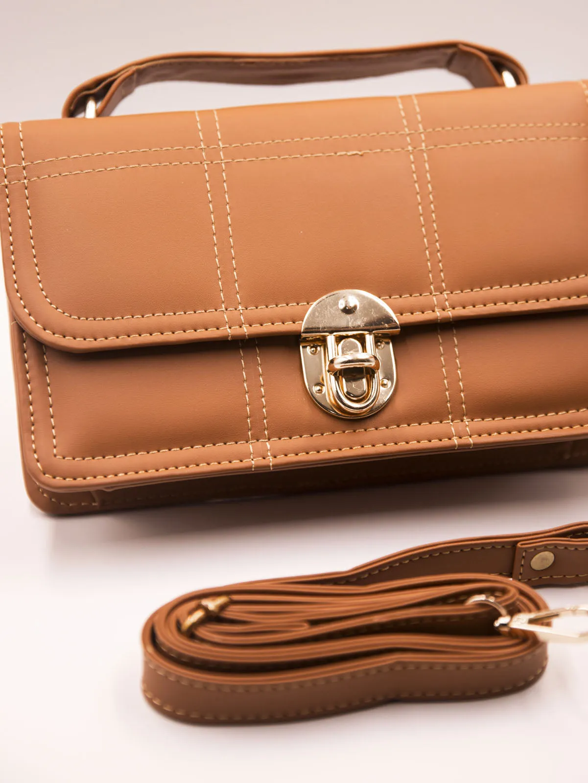 Geometric Quilted Twist Lock Satchel Bag With Strap - Brown - FD ⚡