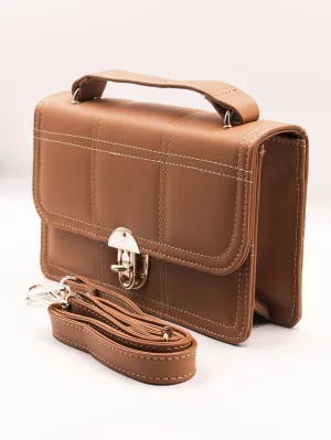 Geometric Quilted Twist Lock Satchel Bag With Strap - Brown - FD ⚡