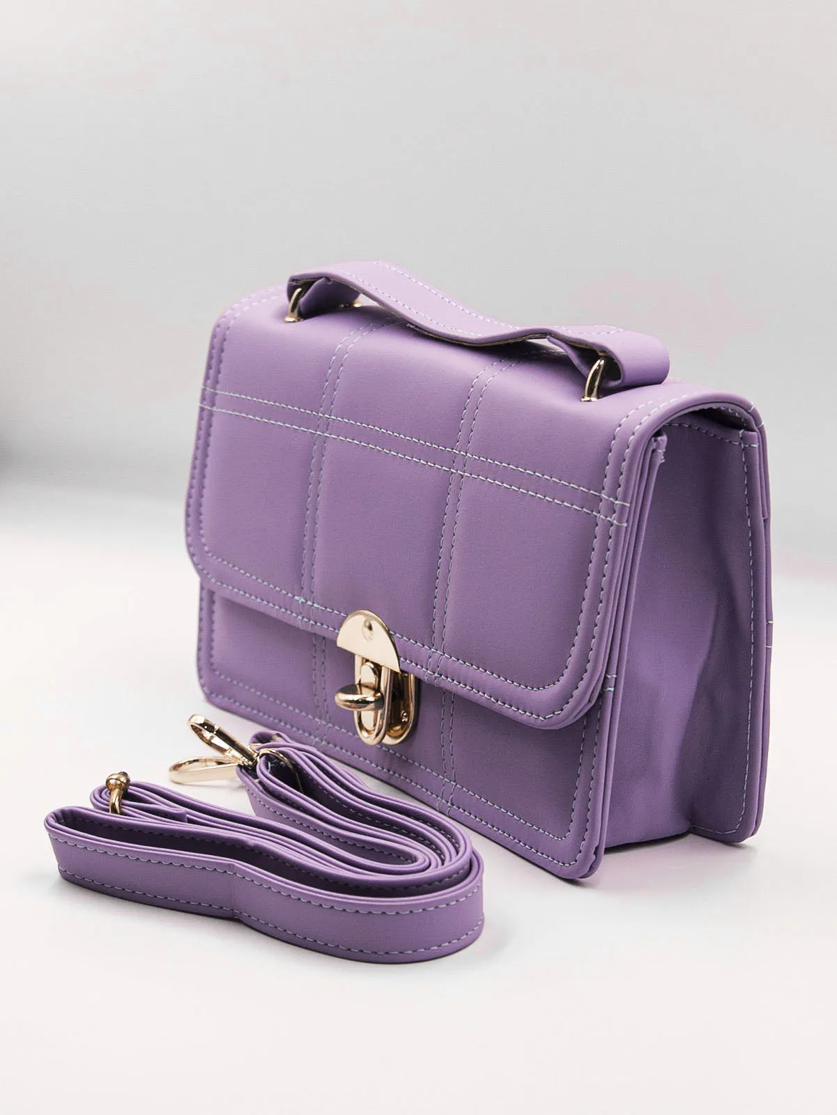 Geometric Quilted Twist Lock Satchel Bag With Strap - Purple - FD ⚡