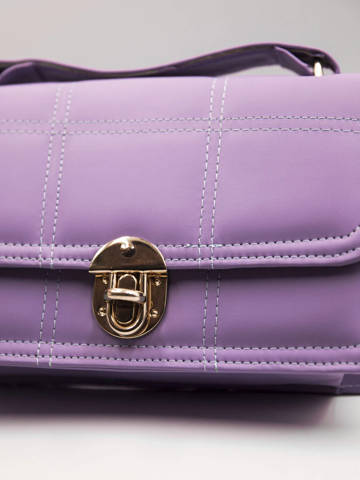 Geometric Quilted Twist Lock Satchel Bag With Strap - Purple - FD ⚡