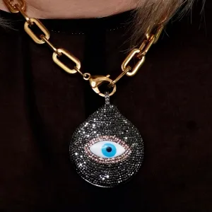 Gold Plated Chain Link Necklace it has a Mother of Pearl Pendant Embellished with Pave Crystals and an Evil Eye 310-21 |Erika Williner Designs