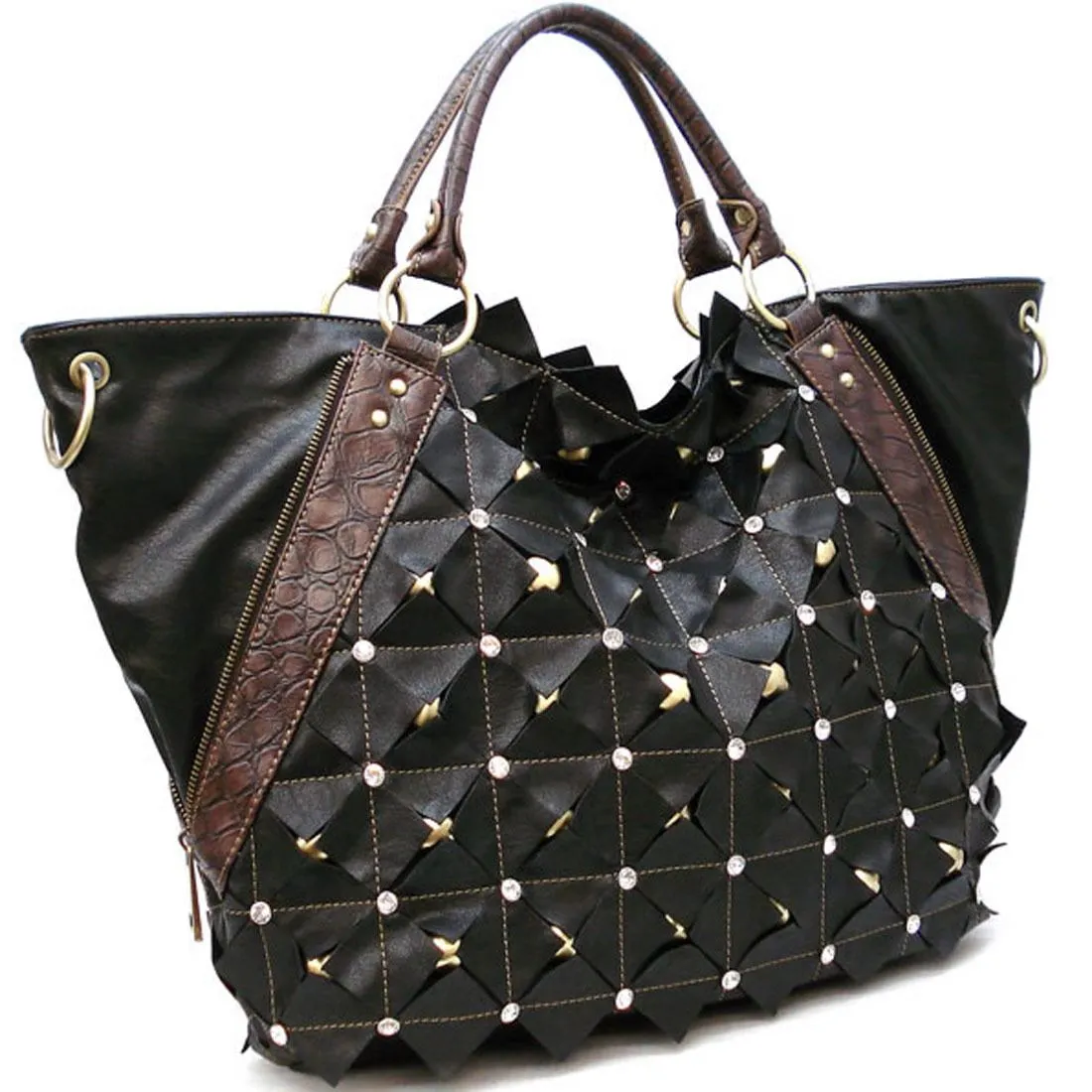 Golden Stud Dual Layers Zipper XL Shoulder Bag Tote rhinestone designer inspired