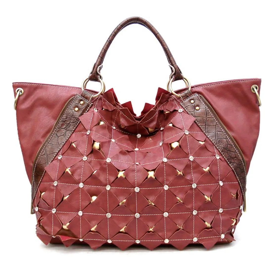 Golden Stud Dual Layers Zipper XL Shoulder Bag Tote rhinestone designer inspired