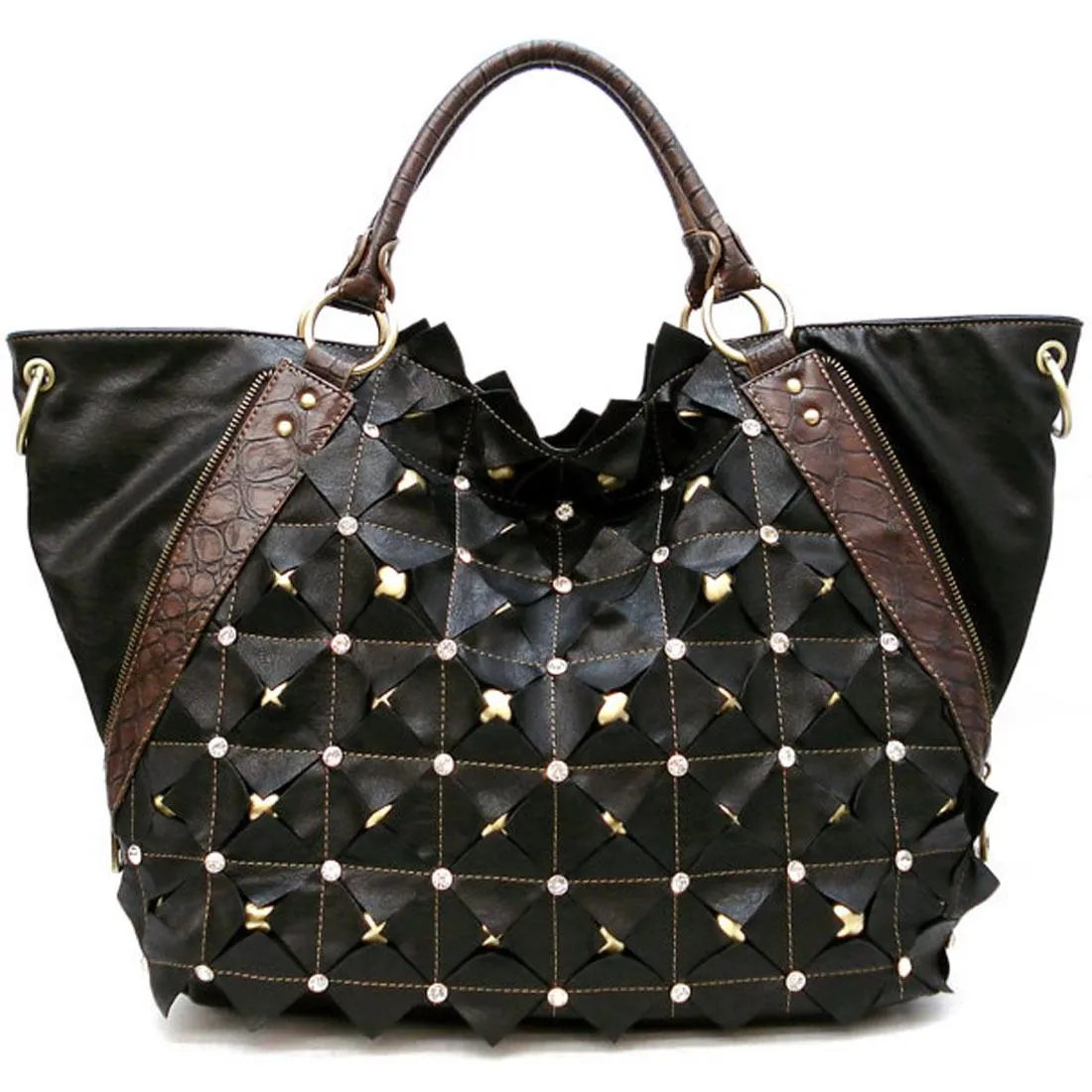 Golden Stud Dual Layers Zipper XL Shoulder Bag Tote rhinestone designer inspired