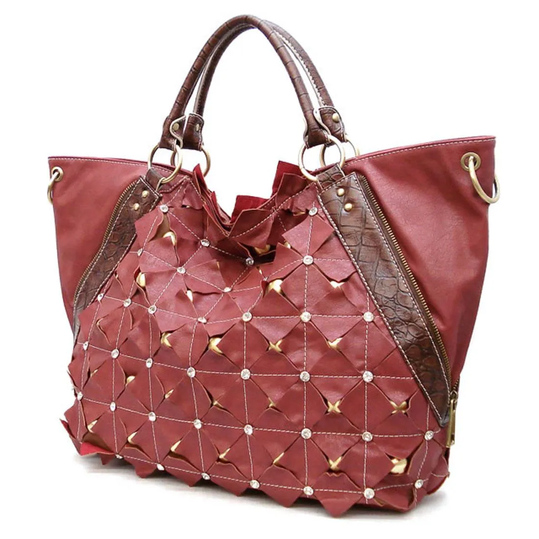 Golden Stud Dual Layers Zipper XL Shoulder Bag Tote rhinestone designer inspired