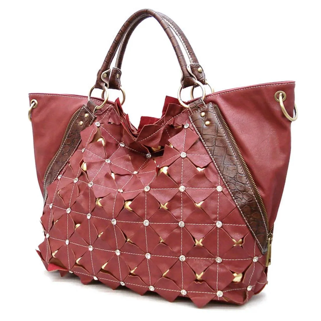 Golden Stud Dual Layers Zipper XL Shoulder Bag Tote rhinestone designer inspired