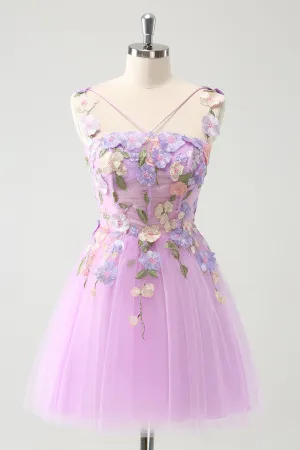 Gorgeous Purple A Line Spaghetti Straps Short Homecoming Dress with 3D Flowers