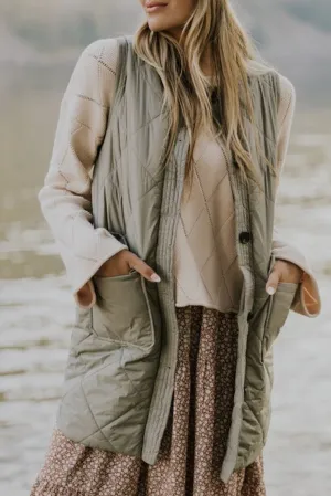 Grass Green Stitched Quilted Vest Jacket with Pockets