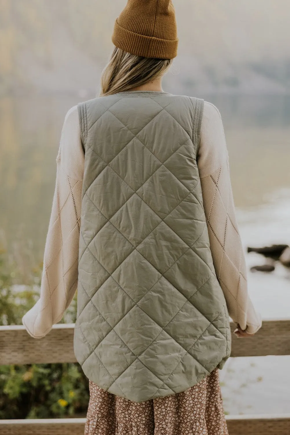 Grass Green Stitched Quilted Vest Jacket with Pockets