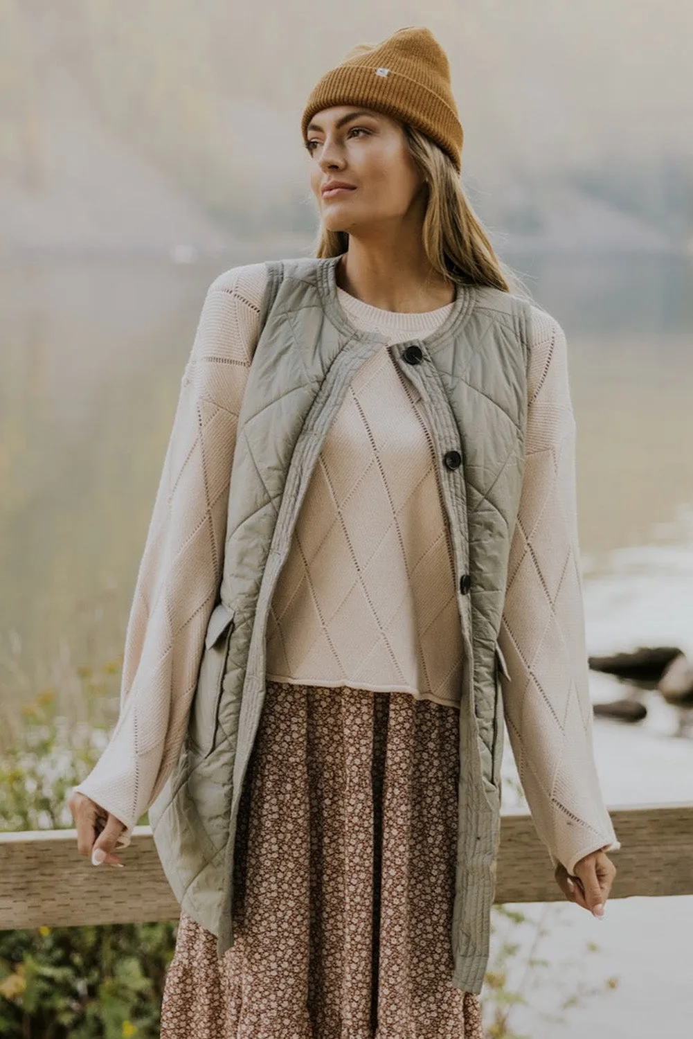 Grass Green Stitched Quilted Vest Jacket with Pockets