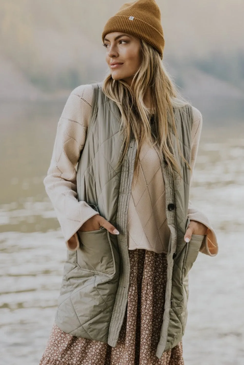 Grass Green Stitched Quilted Vest Jacket with Pockets